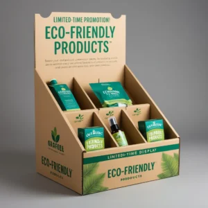 Eco-friendly cardboard display stand with neatly arranged green and white product packaging-2