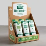 Eco-friendly cardboard display stand with neatly arranged green and white product packaging (2)