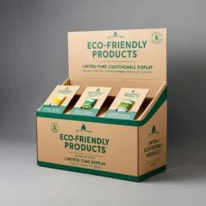 Eco-friendly cardboard display stand with neatly arranged green and white product packaging (2)