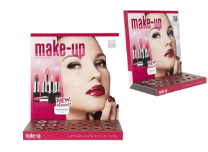 Paksen Cardboard makeup display stand with model image and lipstick slots.