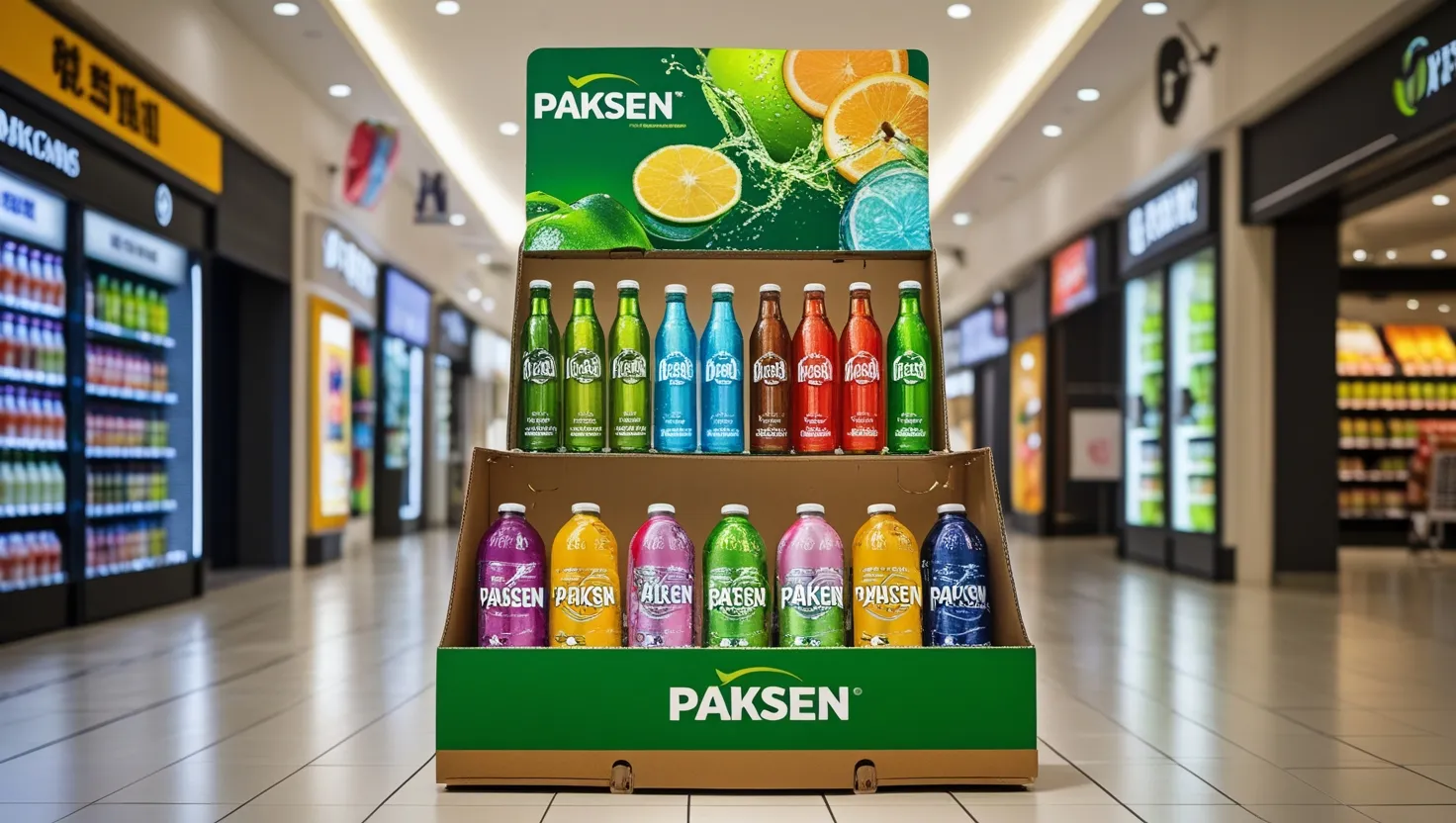 Pasken beverage display stand, stable cardboard structure, vibrant design for product visibility