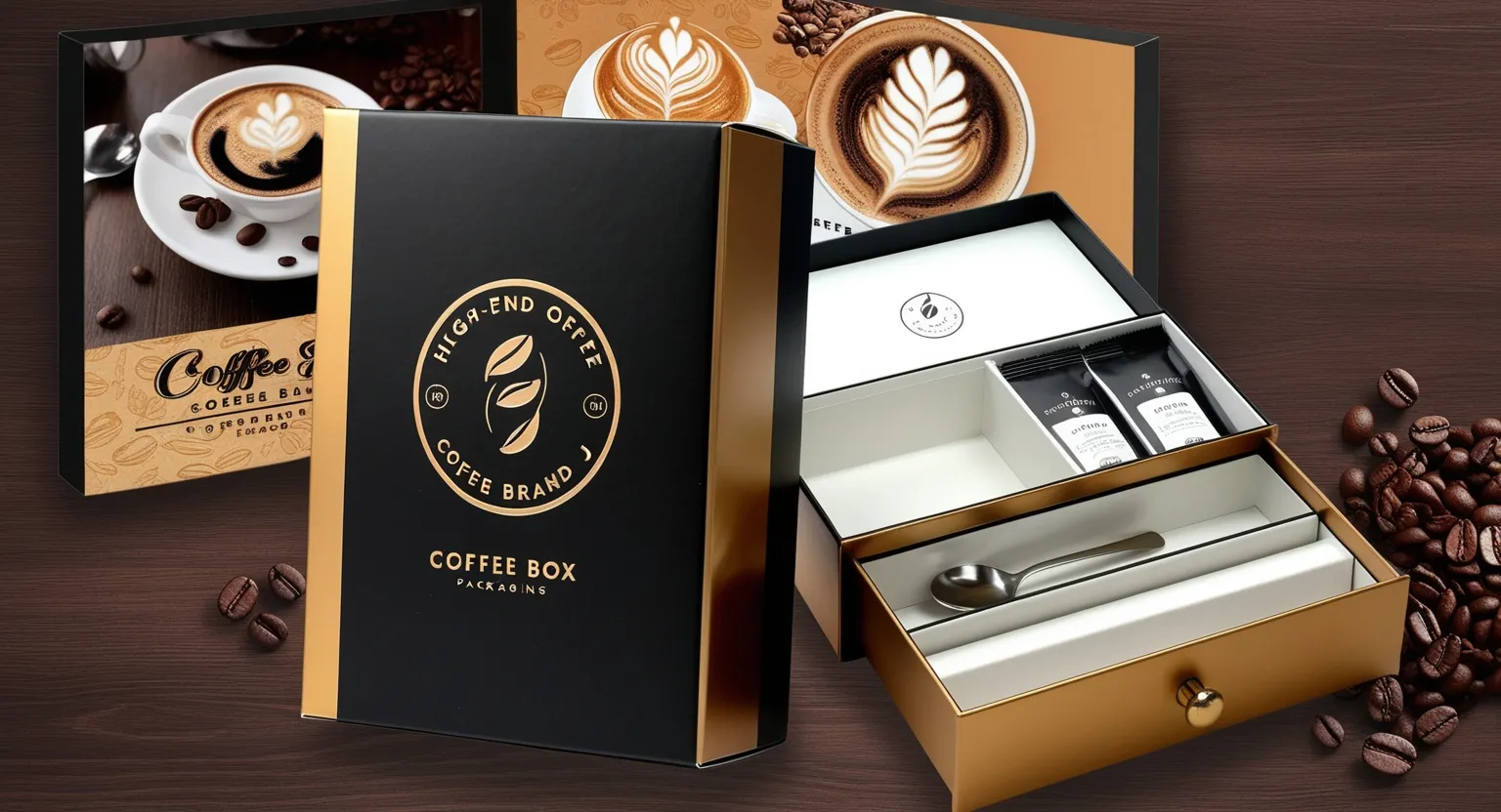 Pasken coffee gift box, black and gold design, embossed coffee bean pattern, retro-modern style