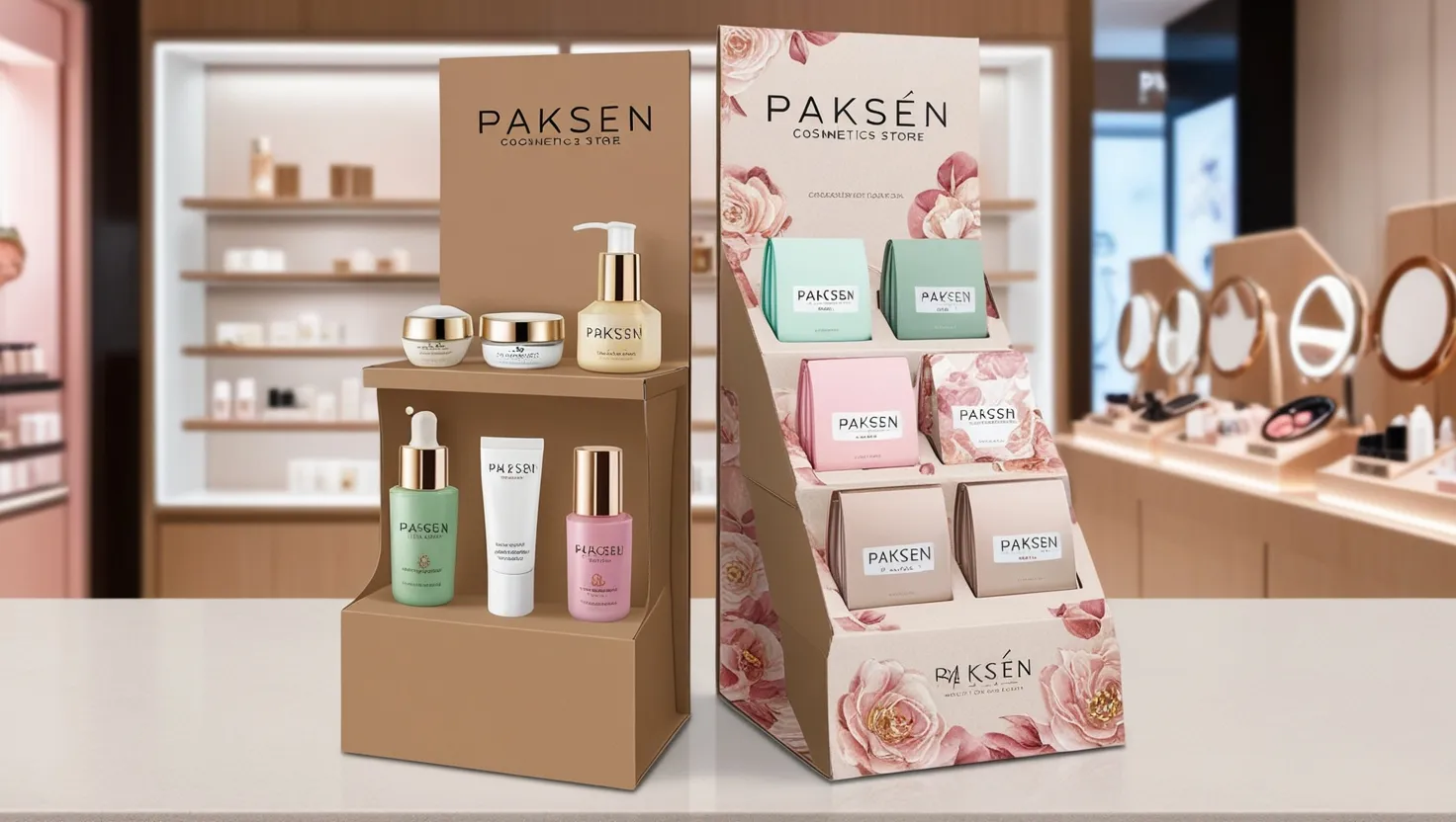 Pasken custom cardboard display stand, elegant design, floral patterns, cosmetics store showcase