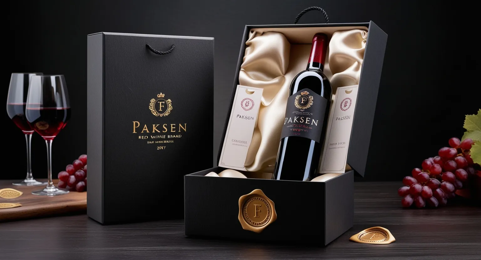 Pasken luxury wine gift box, black matte texture, gold-stamped logo, vintage seal design