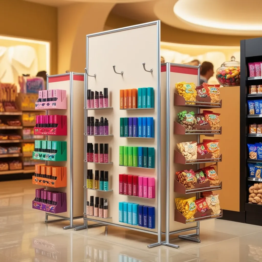 Retail products displayed on cardboard hook displays for maximum visibility