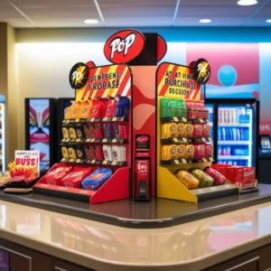 Close-up of a brightly colored point-of-purchase display at a retail counter