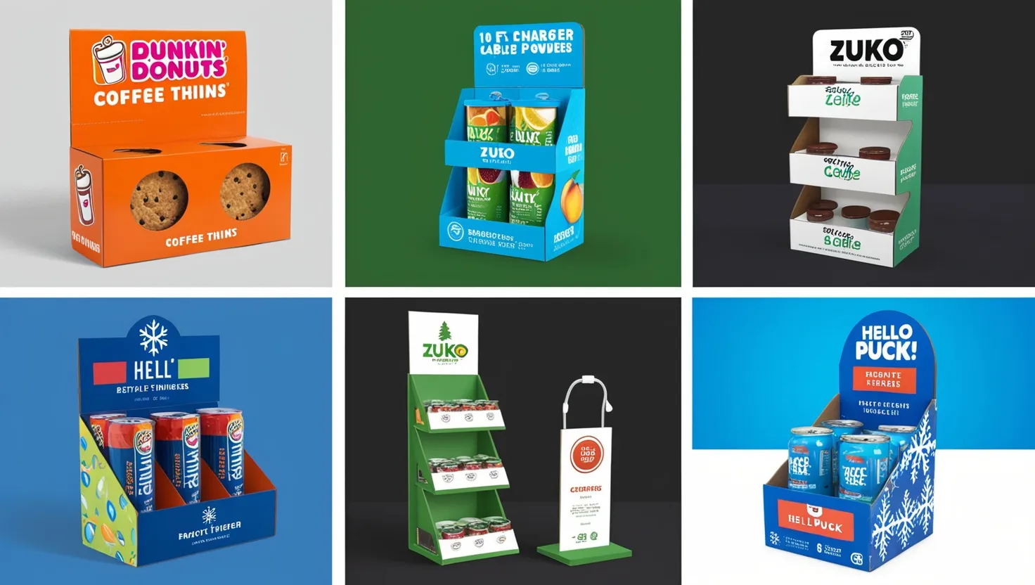 Six vibrant retail display designs for cookies, drinks, and powders with creative and colorful branding.