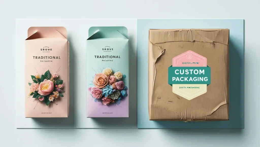 Digitally printed custom packaging demonstrating high-quality prints and intricate designs compared to traditional packaging