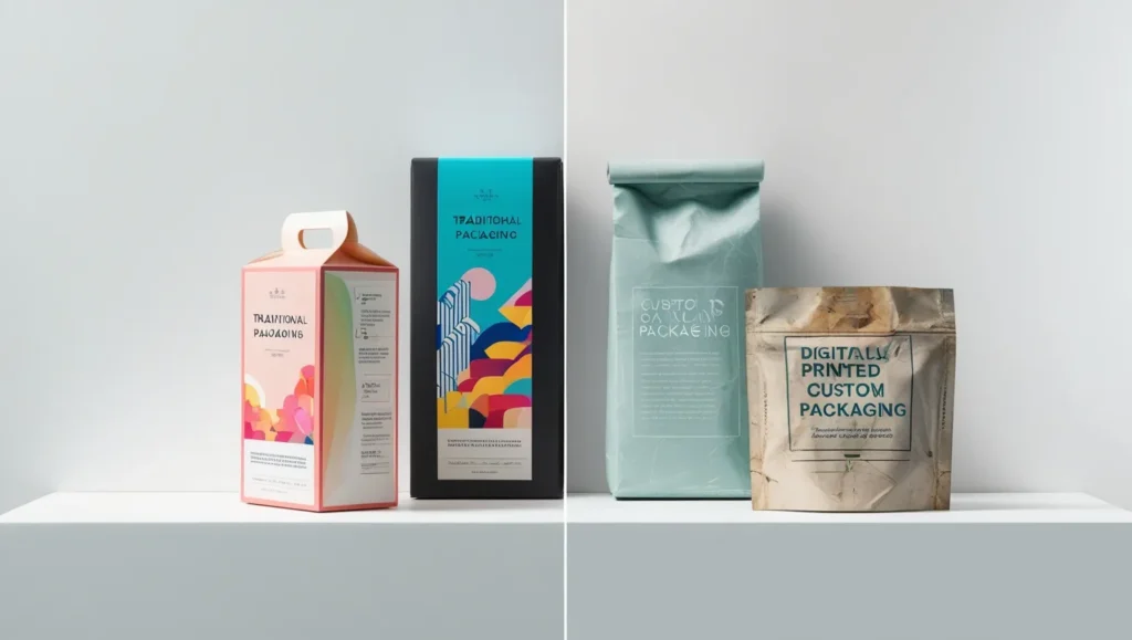 Digitally printed custom packaging with vibrant colors and sharp details, contrasting traditional methods