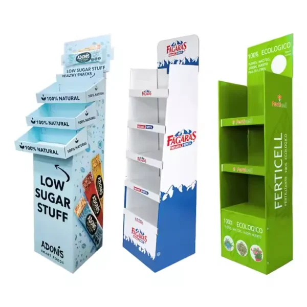 Eco-friendly cardboard display stand for retail promotion, customizable, durable, and made from recycled materials, FSC and ISO certified