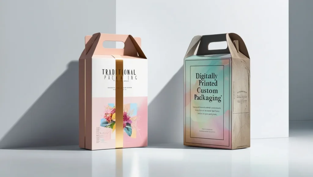 Example of digitally printed custom packaging versus traditional packaging, highlighting superior design flexibility