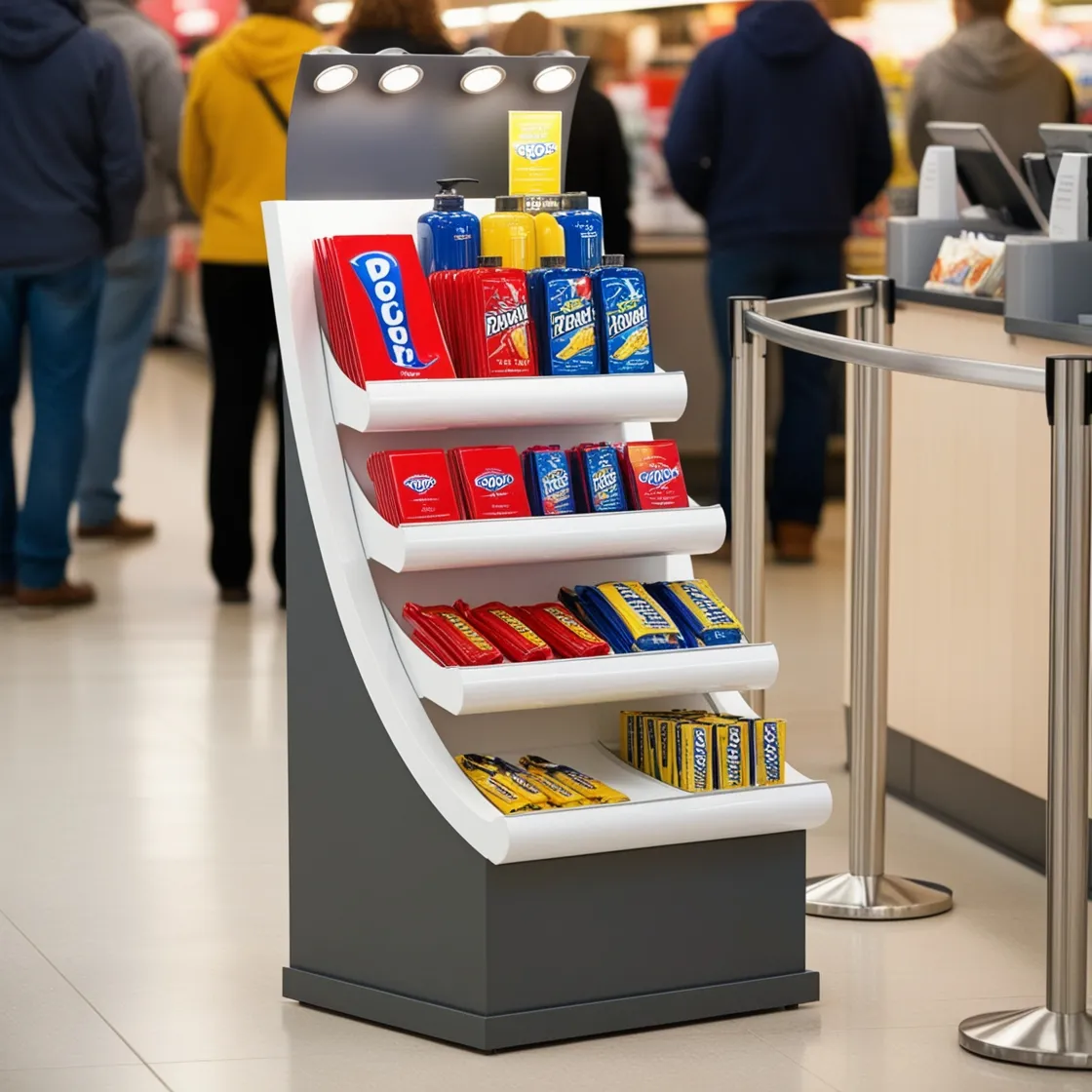 Floor displays near checkout counter