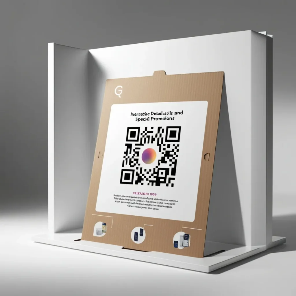 Interactive cardboard displays with QR codes for customer engagement.