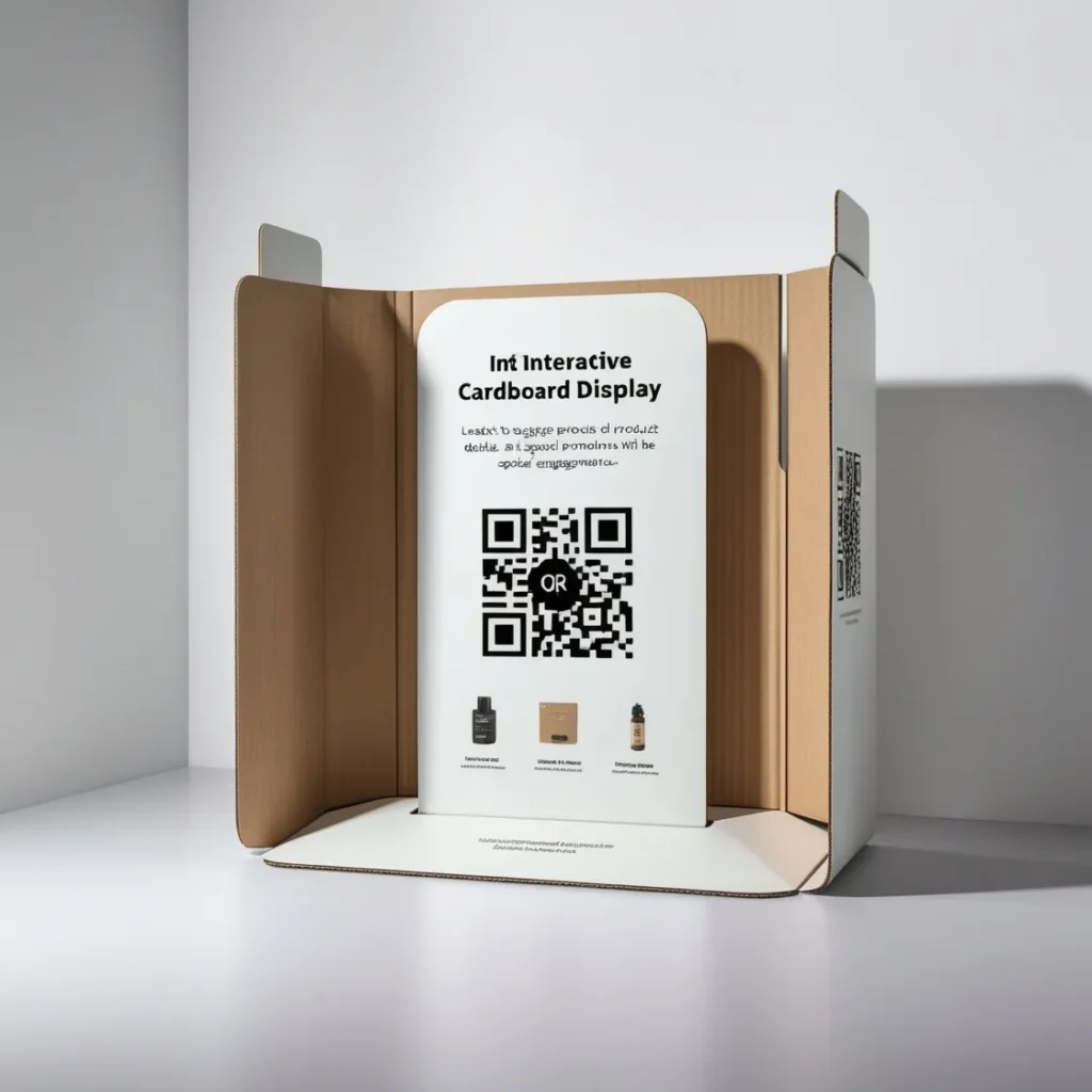 Interactive cardboard displays with QR codes for customer engagement.