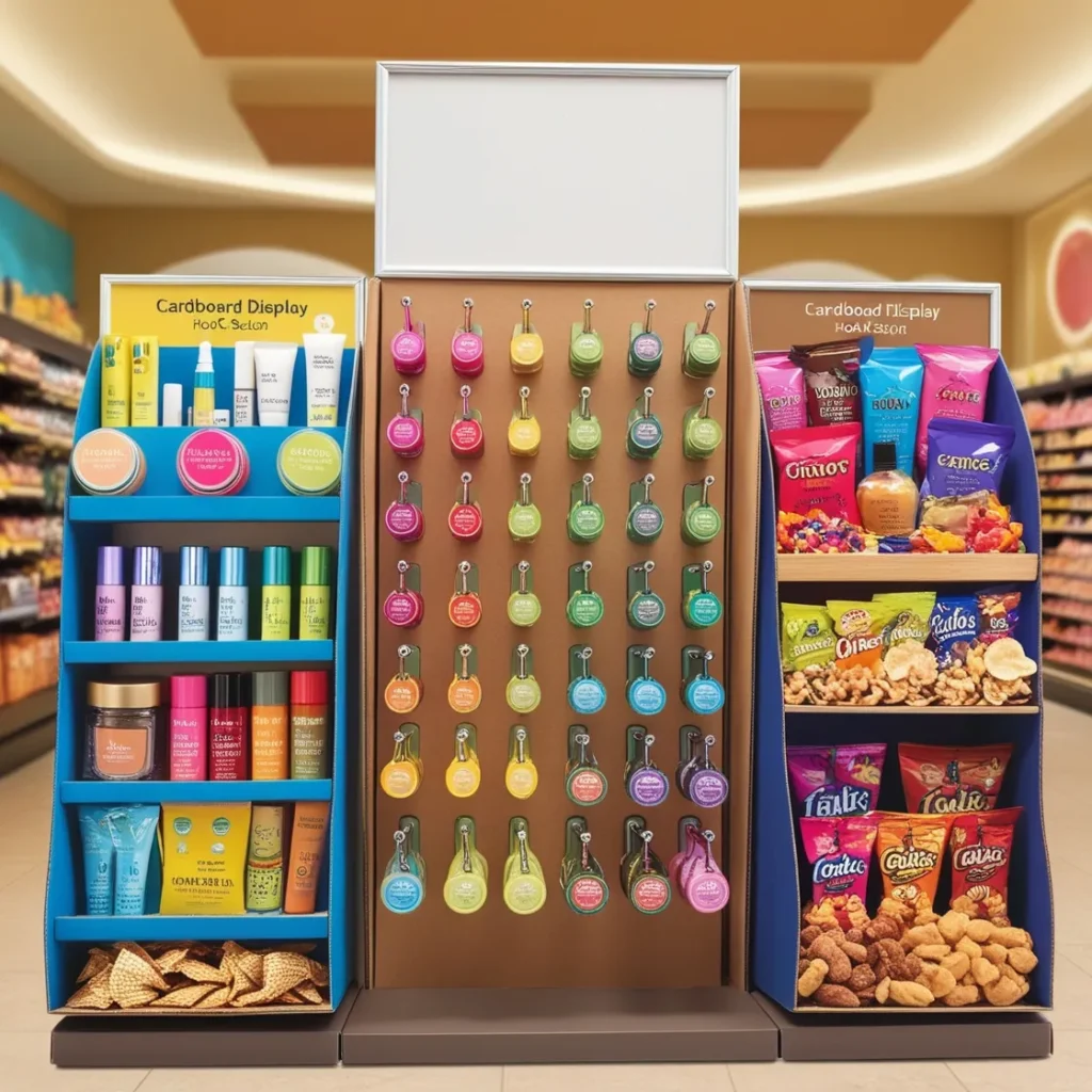 Cardboard hook displays featuring cosmetics and snacks in busy store sections