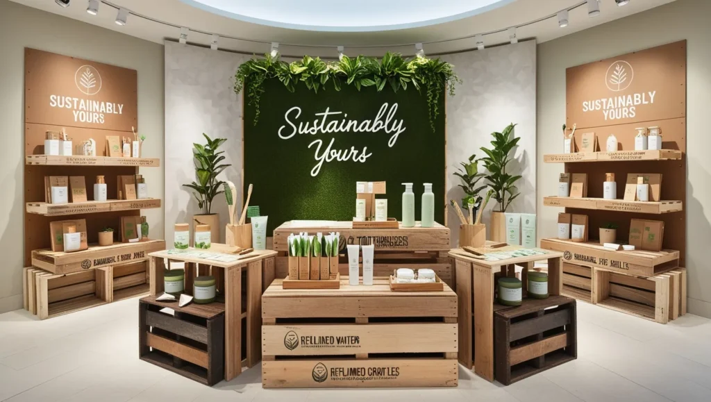 Sustainable retail displays made from recycled materials showcasing eco-friendly products