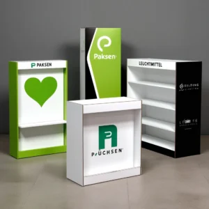 Three retail display units featuring eco-friendly, branded, and lighting products in a modern, eye-catching design.