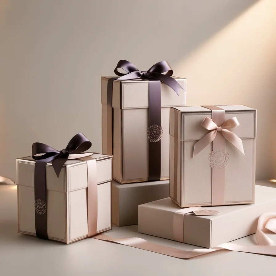 A luxurious gift box with a matte finish, metallic accents, embossed logo, and ribbon ties