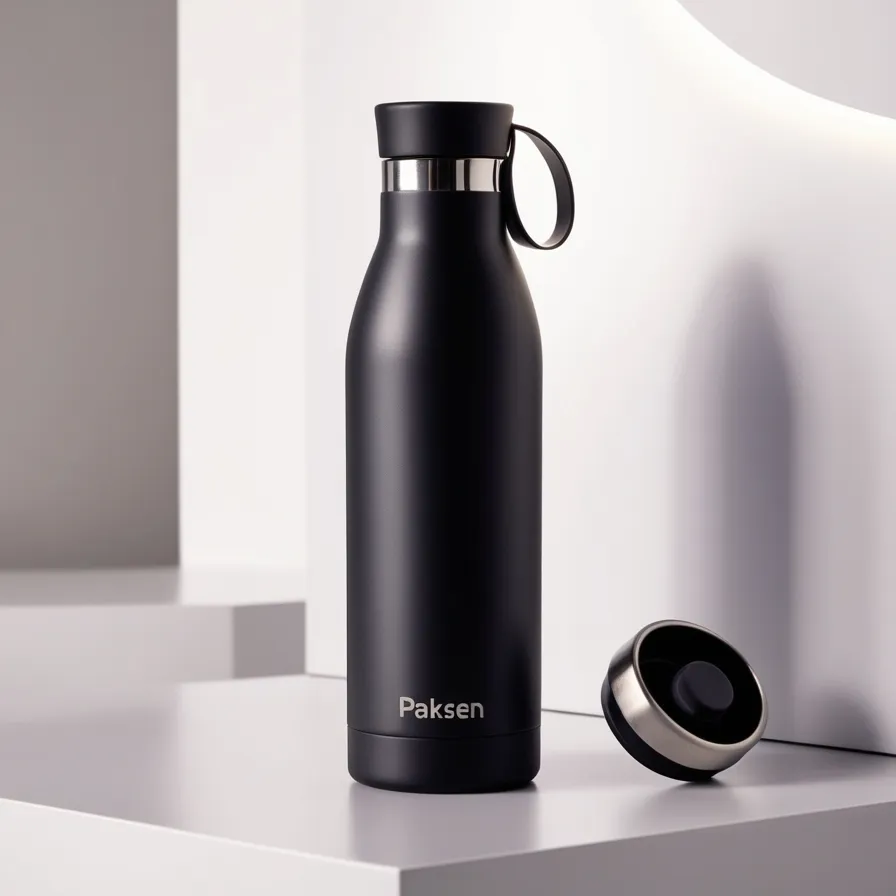 A sleek Paksen water bottle with a matte finish, embossed logo, and eco-friendly design