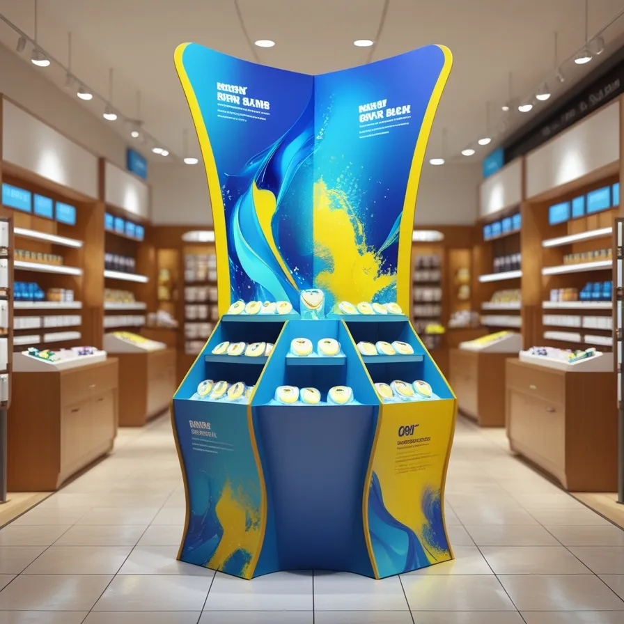 Cardboard display stand in a retail environment, strategically positioned to showcase products with vibrant graphics and bold branding