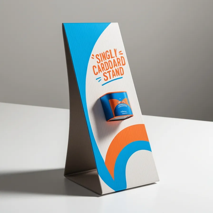 Cardboard display stand showcasing a single product with eye-catching blue and orange design