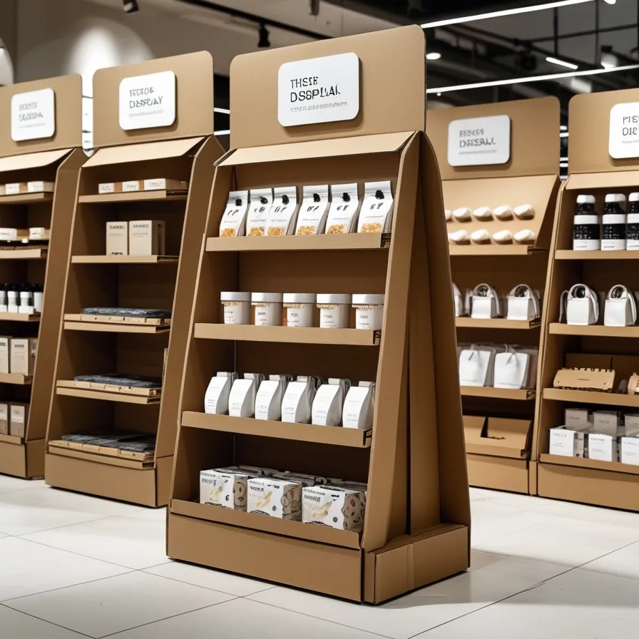 Cardboard display stands featuring organized product placement in-store