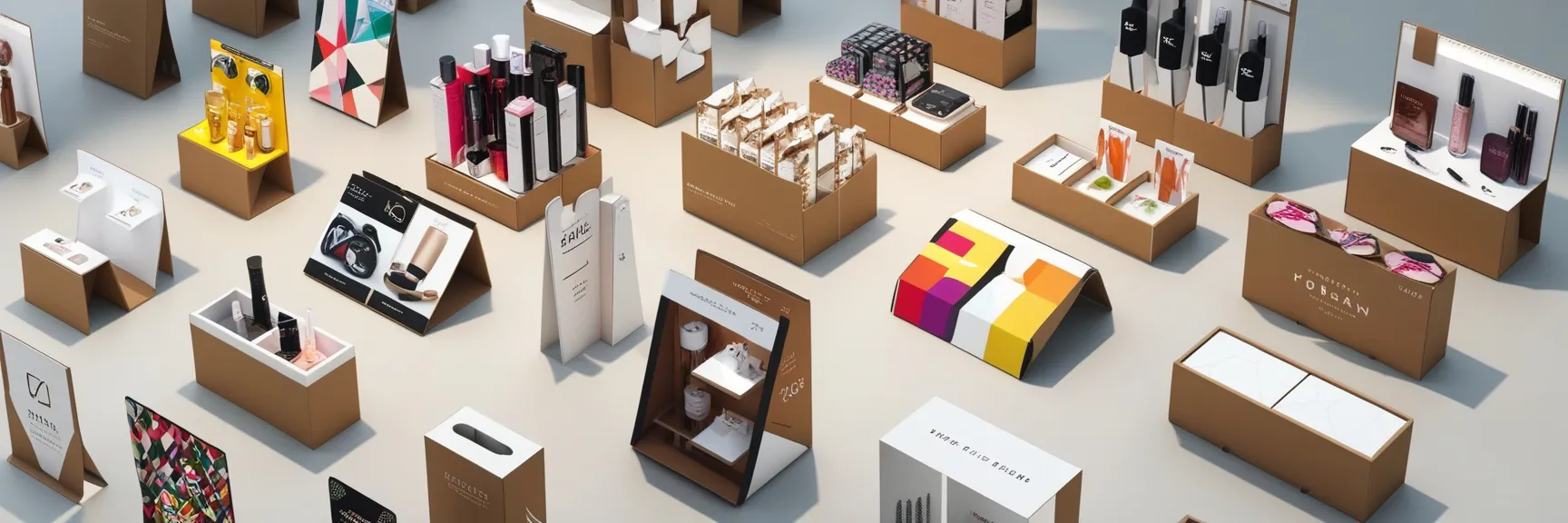 Cardboard display stands with vibrant colors, geometric shapes, and bold typography, set against a light background