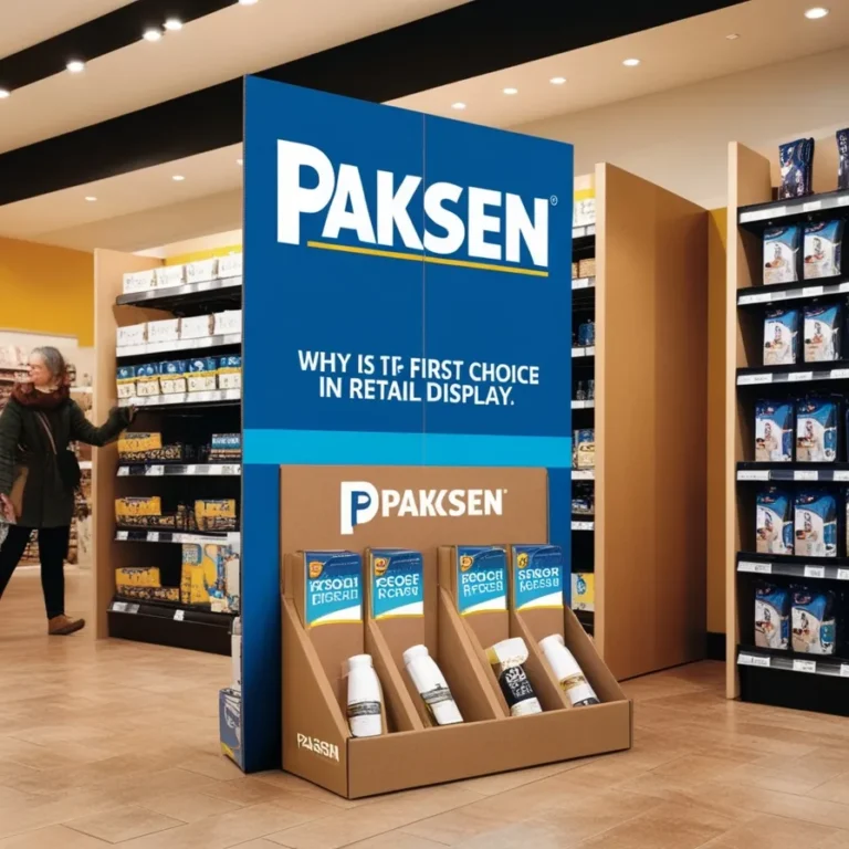 Cardboard floor display in retail store with Paksen logo, showcasing products and attracting customer attention