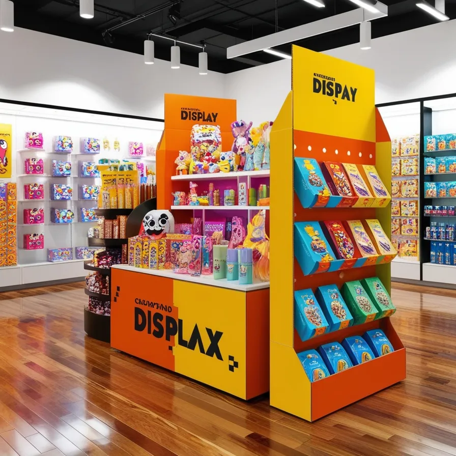 Cardboard floor display stand in retail store showcasing colorful products with bold packaging