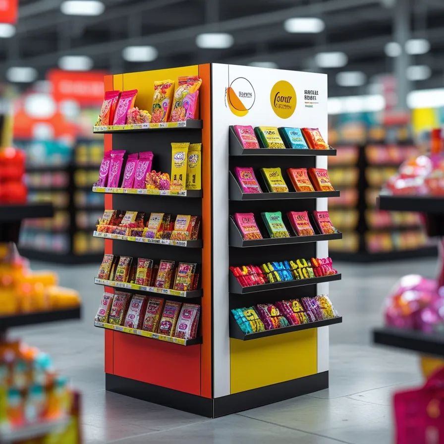 Cardboard floor display stand with snacks, candies, and accessories, featuring bold colors and eye-catching graphics