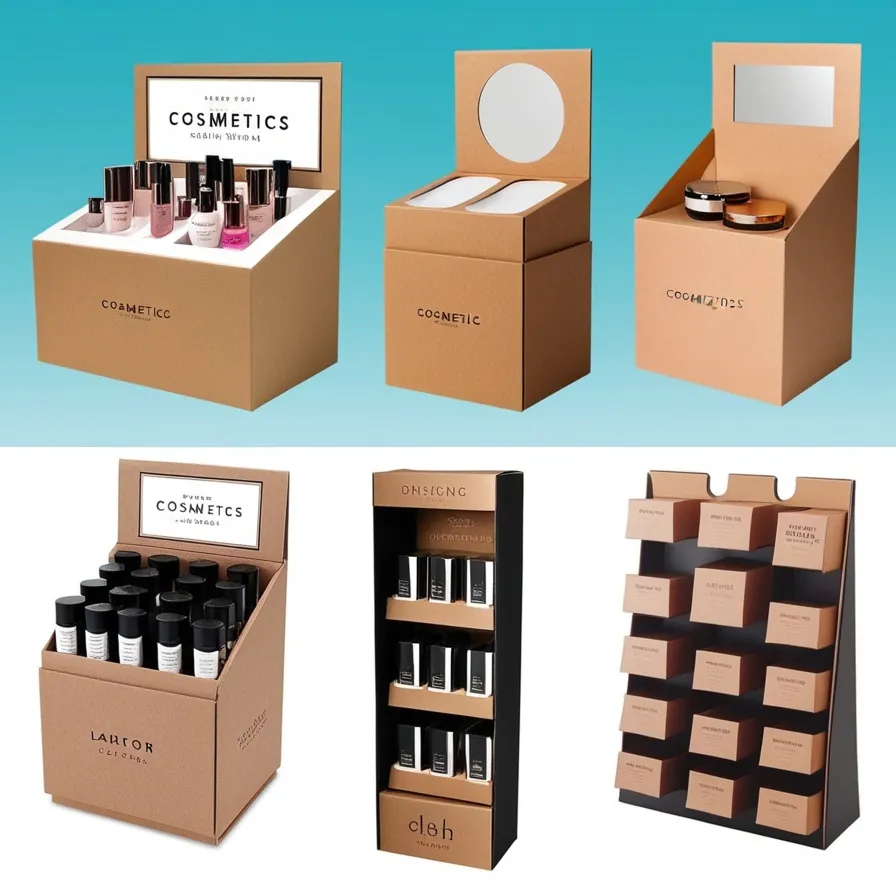 Countertop, freestanding, and hanging cardboard boxes for cosmetics display