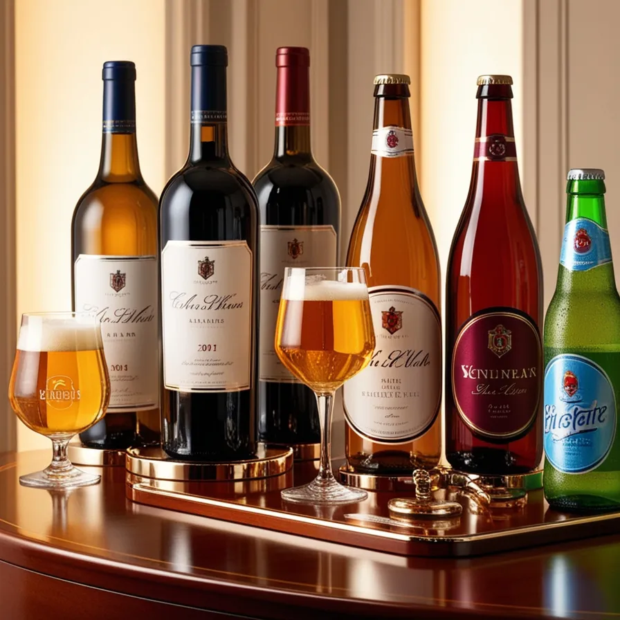 Curated premium wine, beer, and beverages on a polished wood surface, exuding luxury