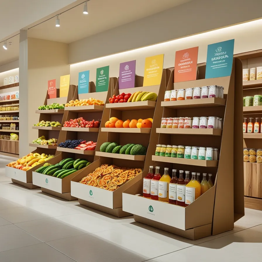 Custom cardboard displays showcasing snacks, drinks, and fresh produce in retail settings