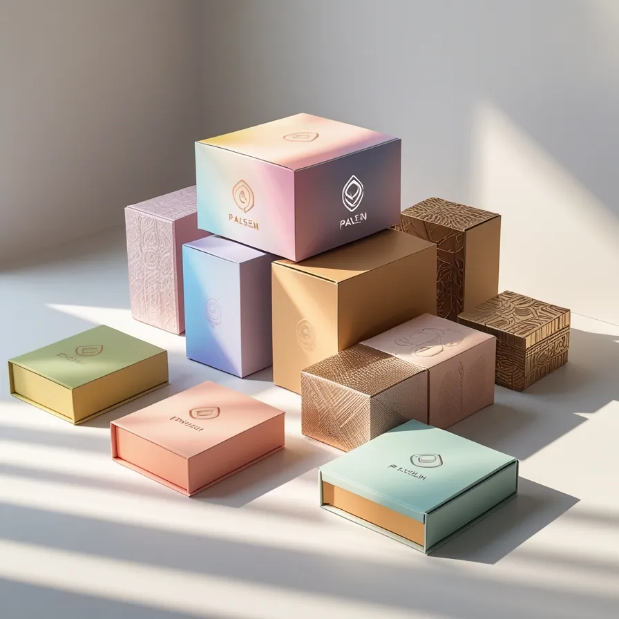 Custom cardboard packaging boxes designed by Paksen, showcasing color options, brand logo, and detailed patterns