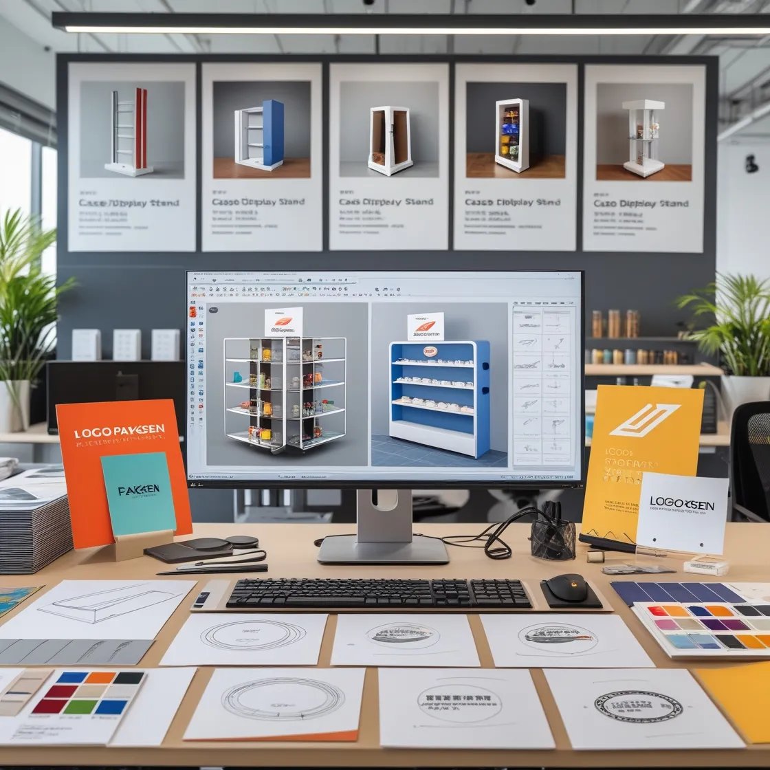 Design office with 3D display stand model, tools, and Paksen logo samples