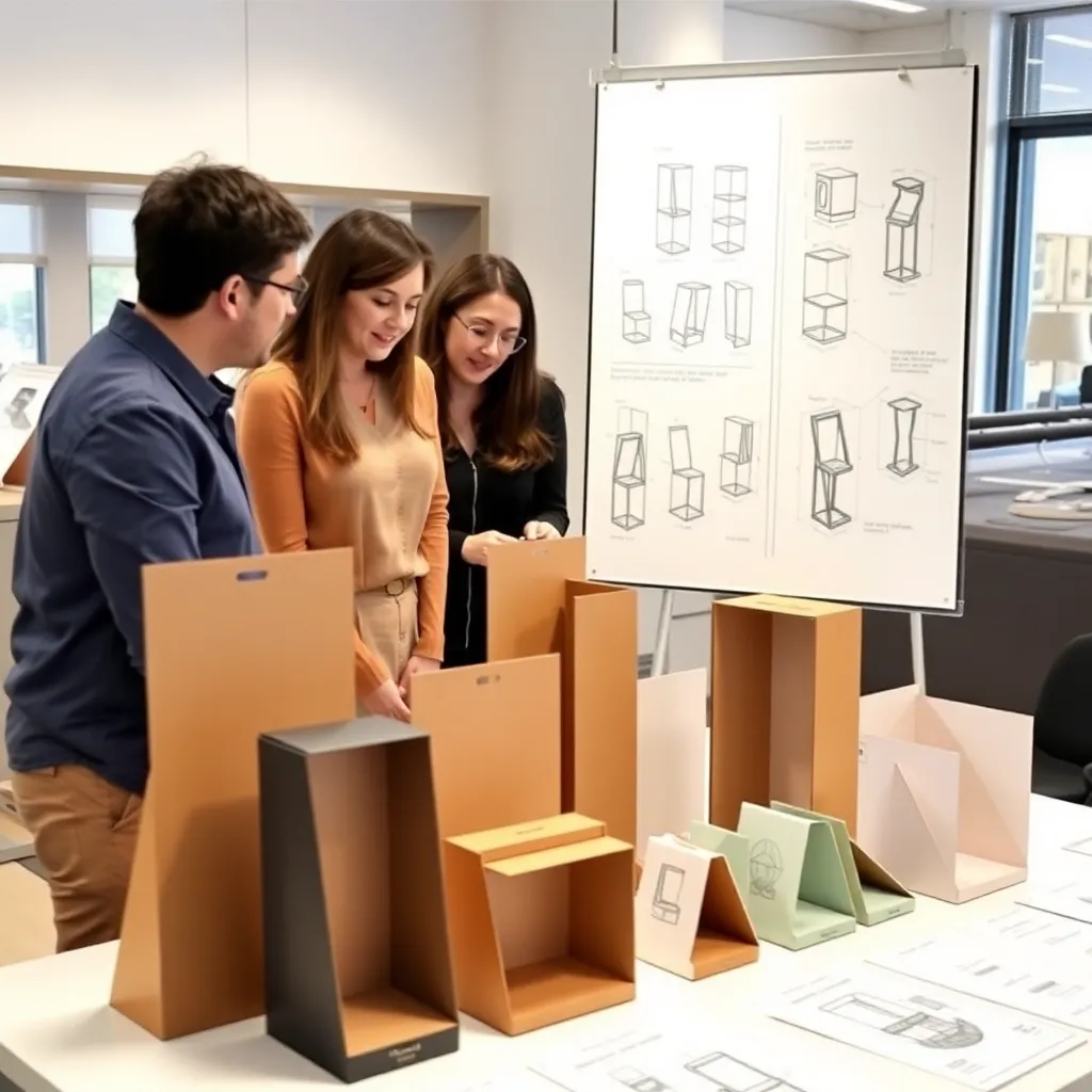 Design team brainstorming custom cardboard display stand ideas for a retail store