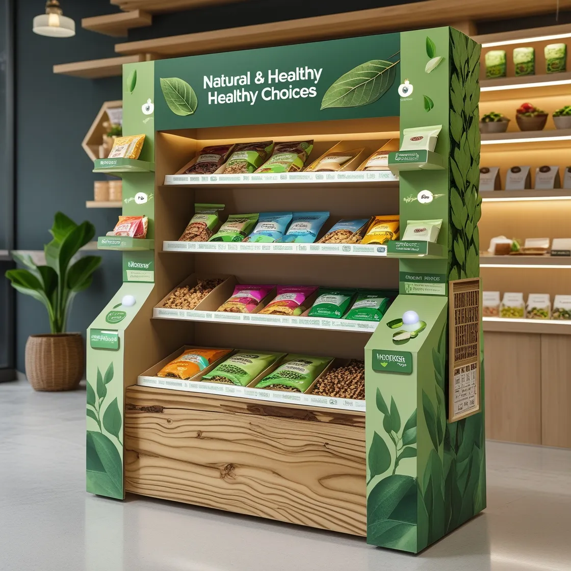 Eco-friendly health food display rack with three tiers, woodgrain base, green tones, LED lighting, and product labels