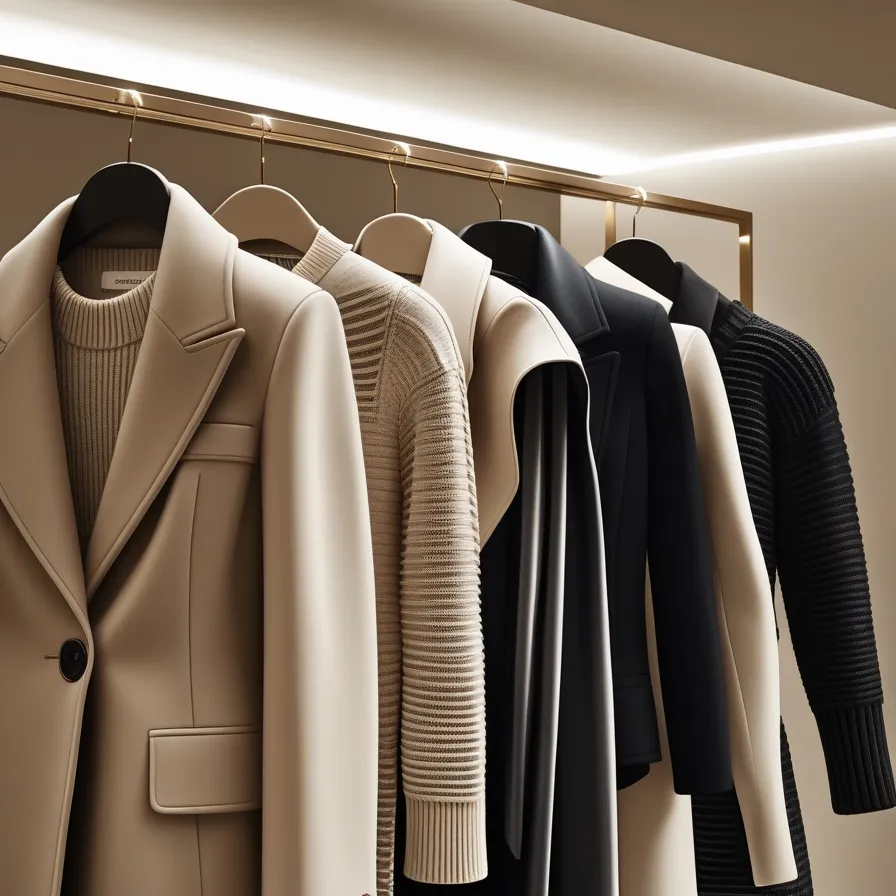 Elegant display of premium apparel, featuring tailored coats, sleek dresses, and knitwear