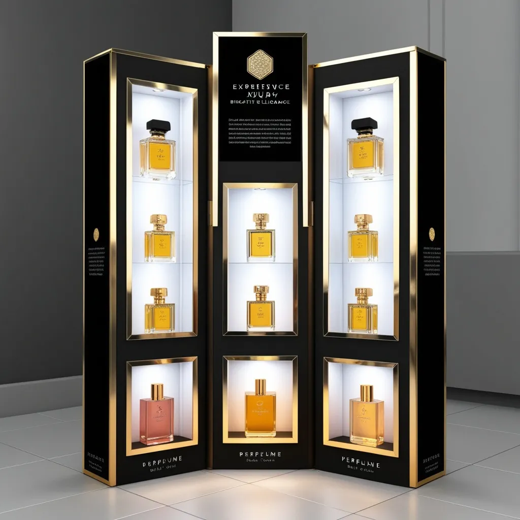 Elegant luxury perfume floor display with black and gold color scheme, transparent acrylic windows, LED lighting, and interactive scent diffusion features