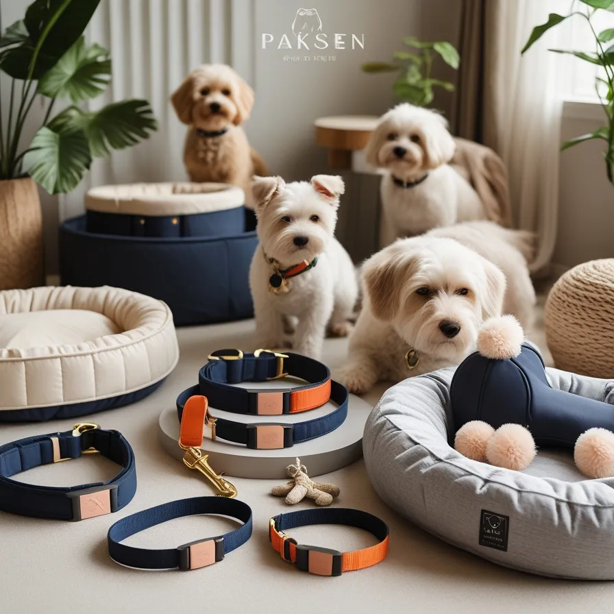 Elegant pet accessories by Paksen, including collars, leashes, beds, and toys, crafted from eco-friendly materials