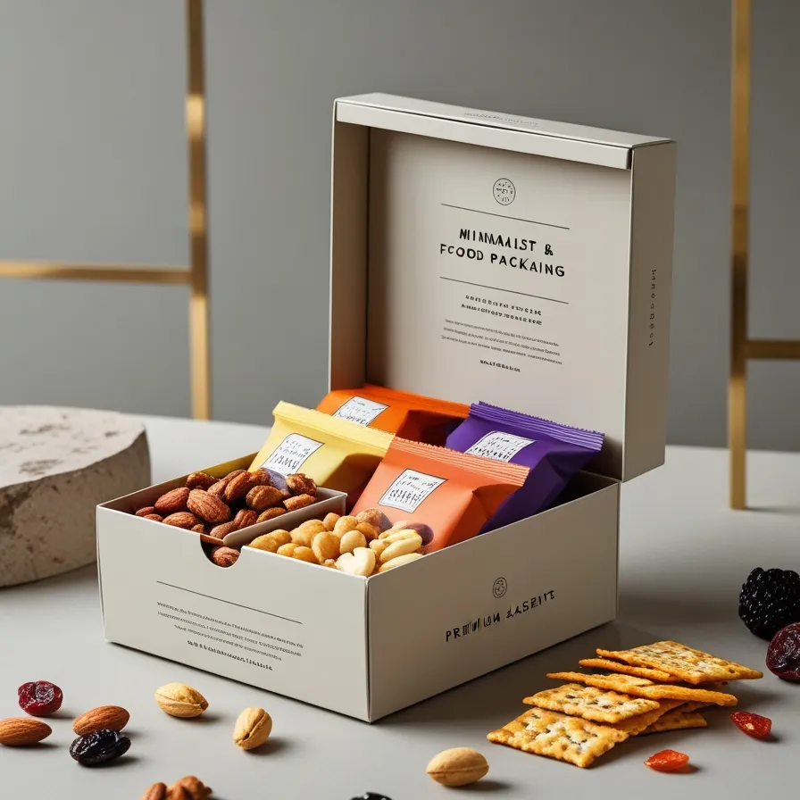 Elegant premium food box with minimalist design, metallic accents, and gourmet snacks