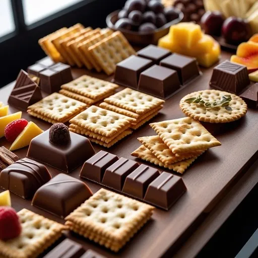 High-end display of gourmet snacks with artisanal crackers, chocolates, and fresh fruits