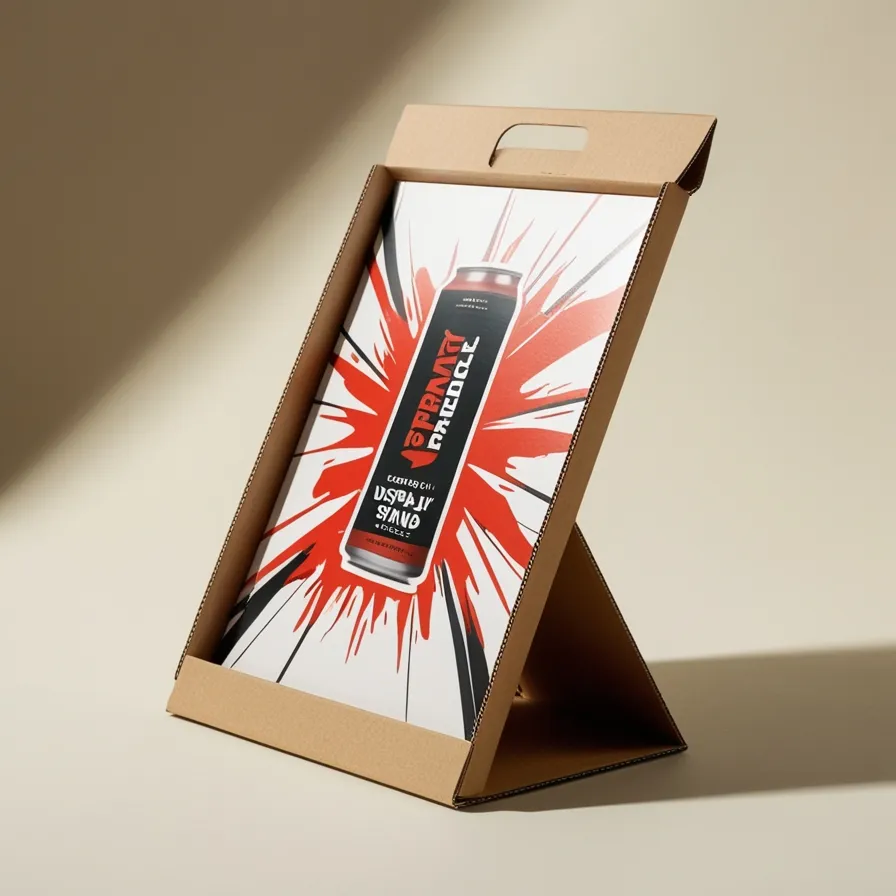 Macro shot of a sturdy cardboard display stand with bold graphics and vibrant primary colors