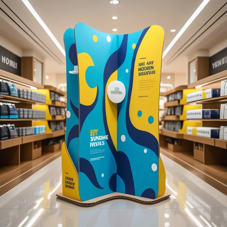 Modern cardboard display stand placed in a retail space, designed with striking visuals and organized product arrangement for maximum customer appeal