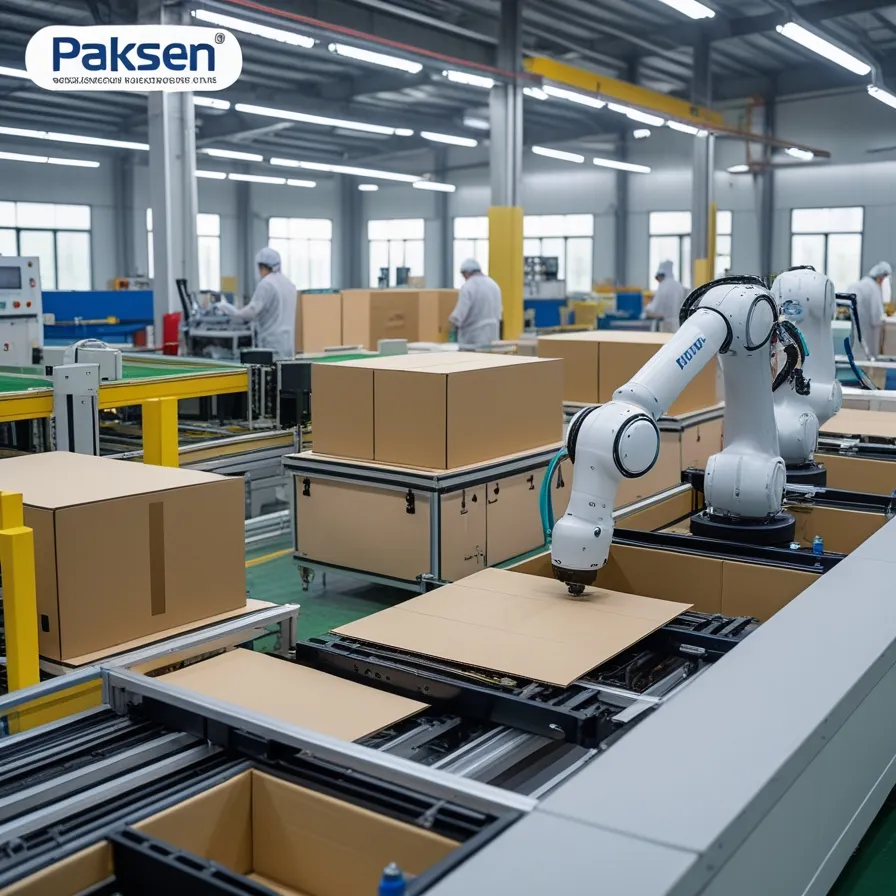 Paksen's automated production line for cardboard display racks with robotic arms, conveyor belts, and modern cutting equipment