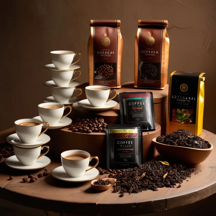 Premium coffee and tea displayed with artisanal packaging, rustic charm, and warm elegance