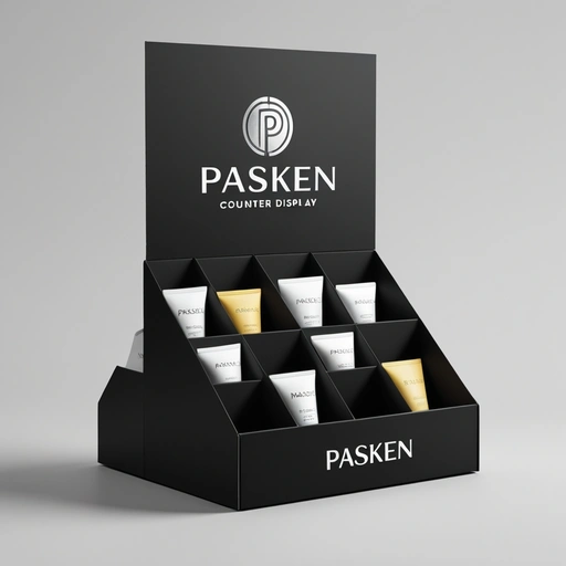 Refined Pasken cardboard counter display with custom logo, sleek matte black background, and eco-friendly structure