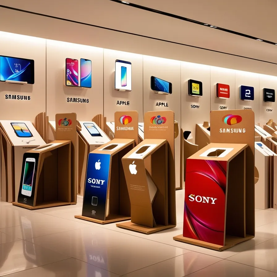 Selection of cardboard display stands showcasing innovative designs from Samsung, Apple, and Sony