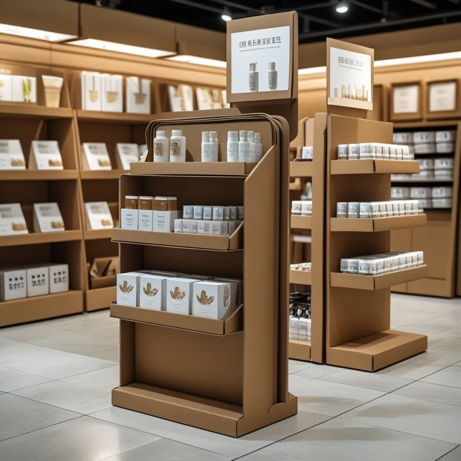 Sleek cardboard display stands used to showcase products in a retail space