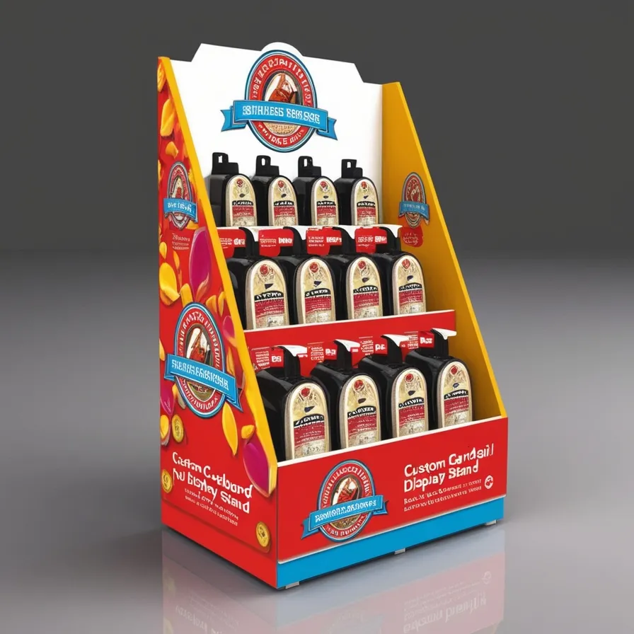 Custom cardboard retail display stand with vibrant graphics and logo